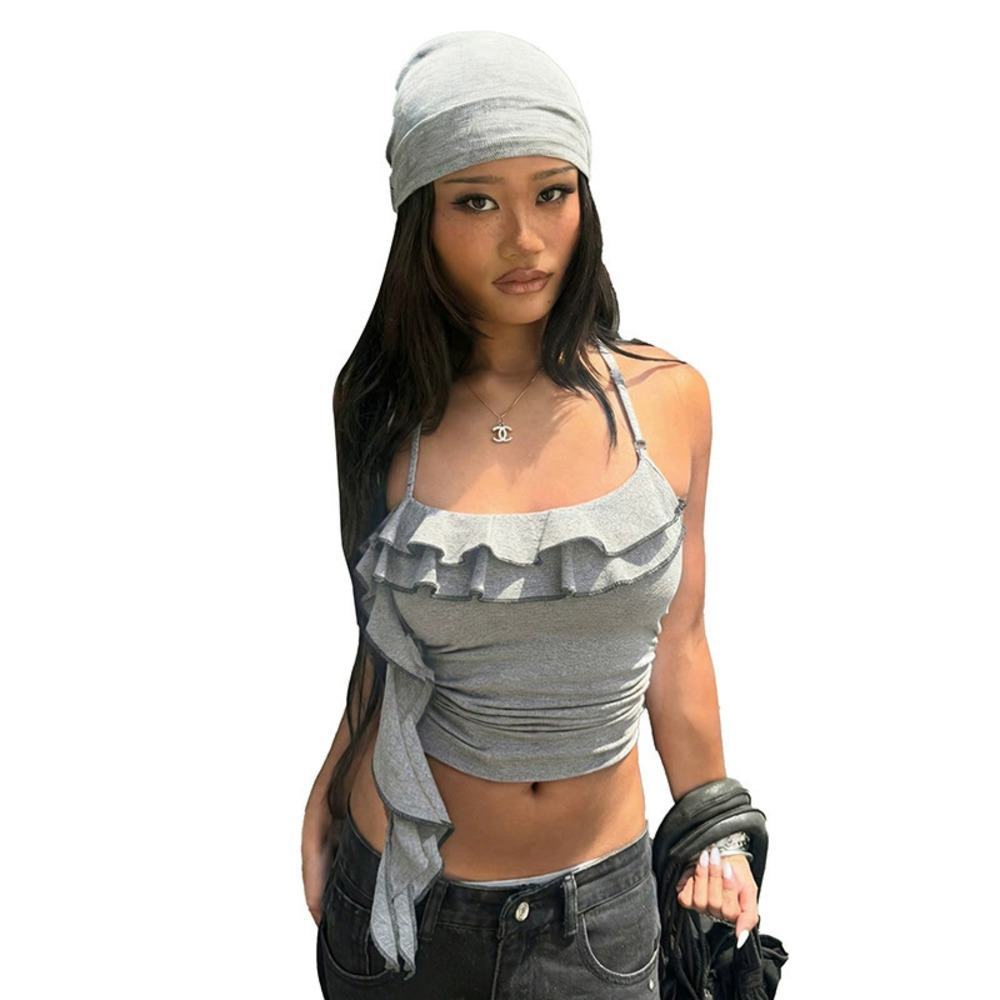 Zara Spring Solid Ruffle Slim Fit Cropped Halter Top - Picture 5 of 6